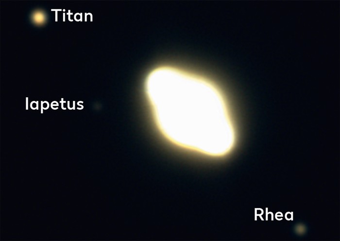 By overexposing Saturn youâll start to pick up its major moons. Credit: Jane Clark