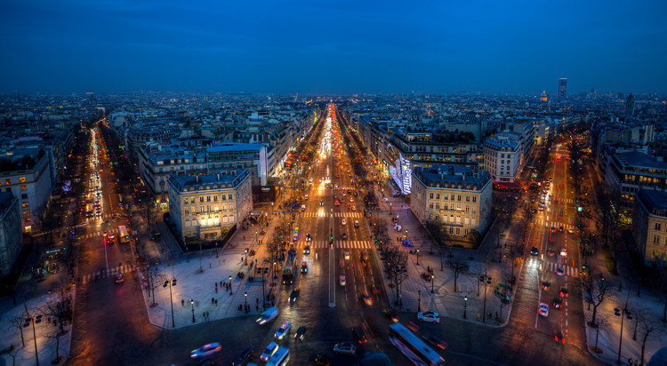 Champs Elysees from the Arc de Triomphe night photography gear