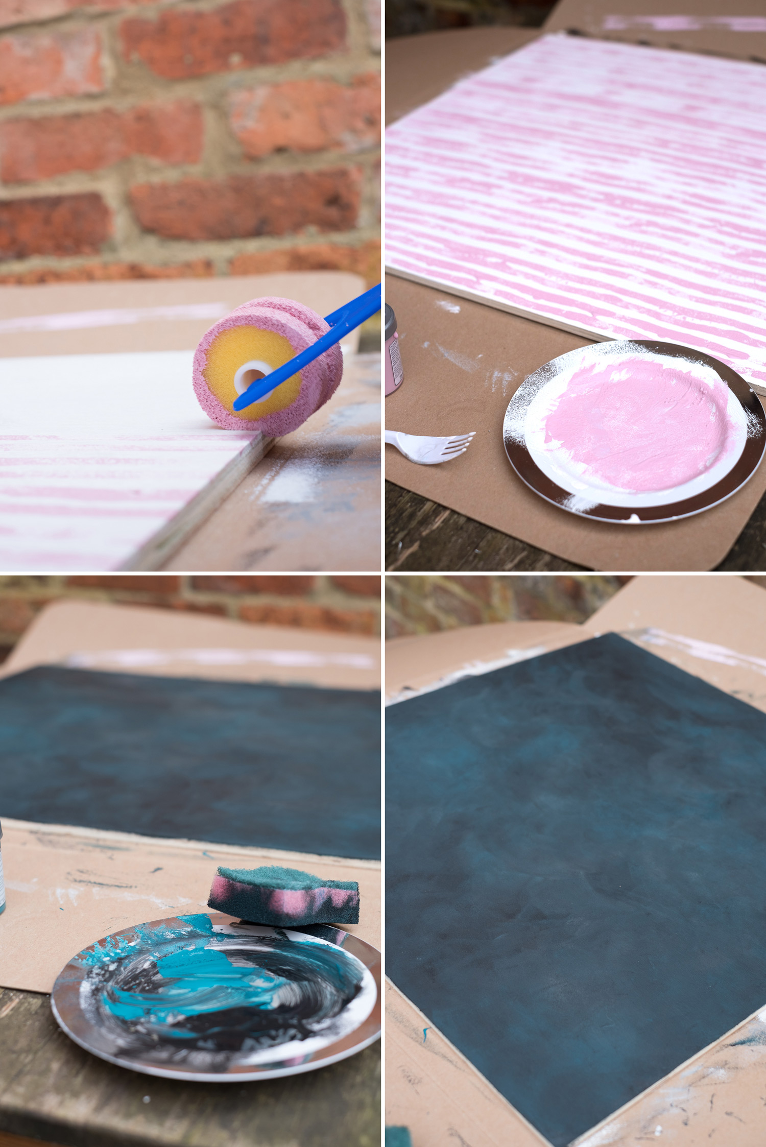 Image: Top: pink stripes created with a childâs foam painting roller. Bottom: blue, black, and grey...
