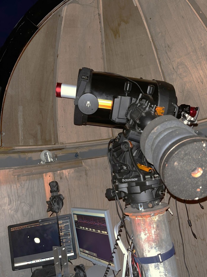 Janeâs observatory setup with ZWO ASI662MC (right), Celestron scope and driven mount all linked to her PC.