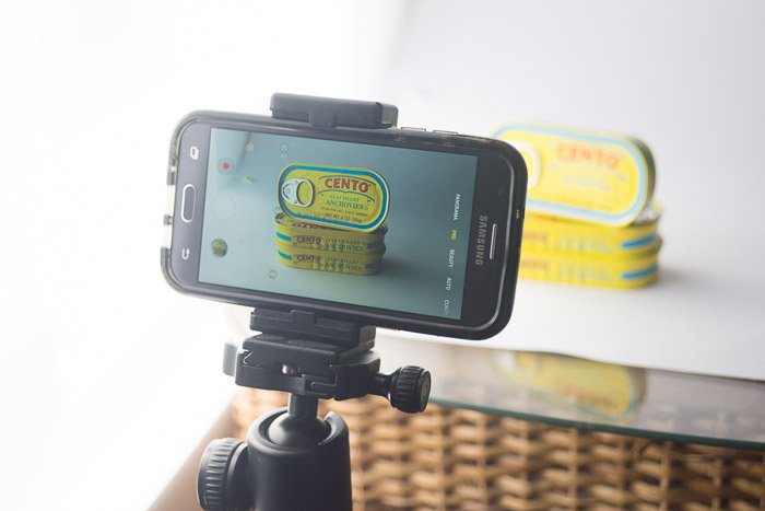 smartphone product photography of a phone set up on a tripod to shoot product shots