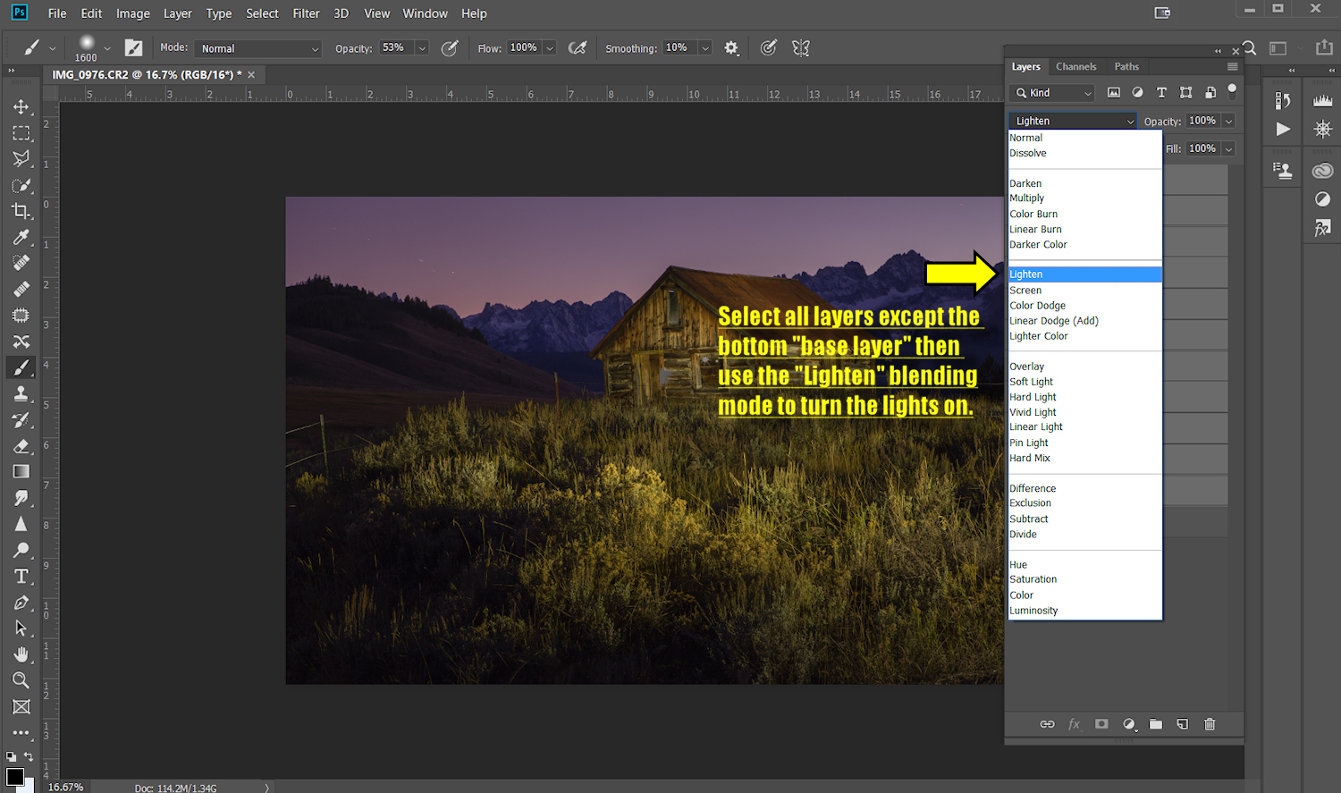 Image: Selecting the layers and then applying the âLightenâ blending mode will turn the...
